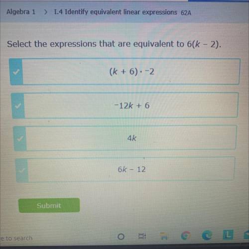 Select the expressions that are equivalent to 6(k - 2).