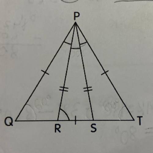 In the following figure, triangle PQT is an equilateral triangle.

Triangle PRS is an isosceles tr
