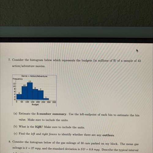 7. Consider the histogram below which represents the budgets (in millions of $) of a sample of 43