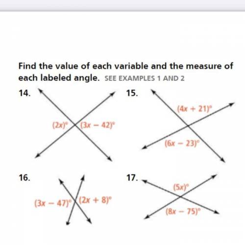 Find the value of each variable and the measure of
each labeled angle.