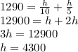 1290 =  \frac{h}{10}  + \frac{h}{5} \\ 12900 = h + 2h \\ 3h = 12900 \\ h = 4300