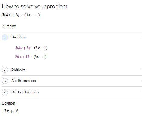 Expand and simplify
5 (4x+3) - (3x-1)