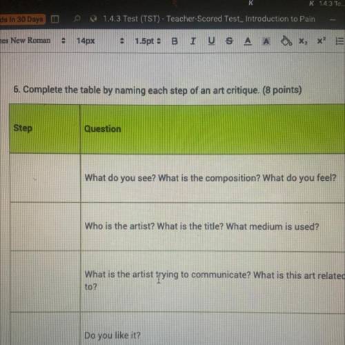 6. Complete the table by naming each step of an art critique. (8 points)