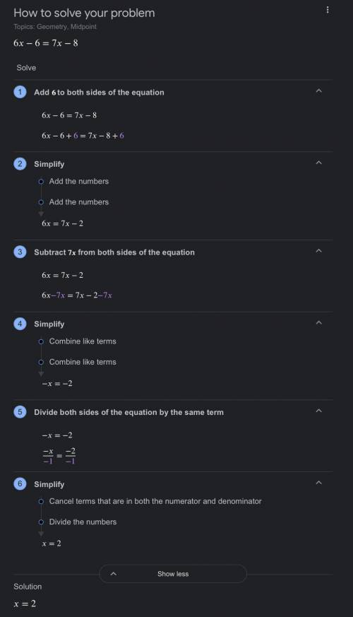 Midpoint of 6x-6=7x-8