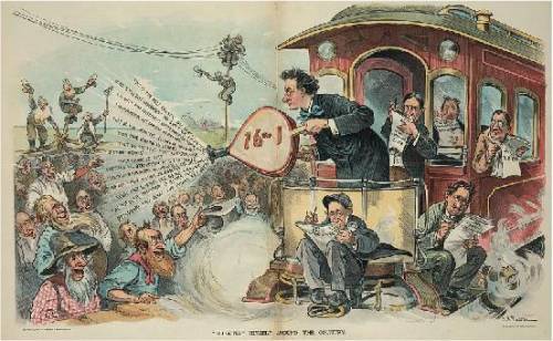Select ALL the correct answers. This cartoon from the campaign of 1896 shows William Jennings Bryan