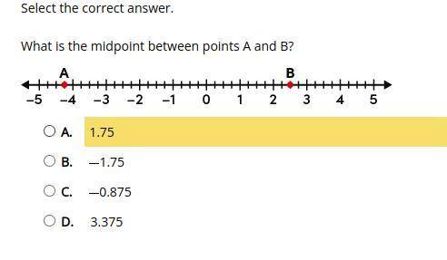 What is the midpoint between points A and B? A. 1.75 B. 1.75 C. 0.875 D. 3.375