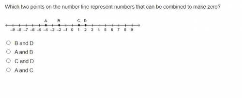 Which two points on the number line represent numbers that can be combined to make zero?

B and D