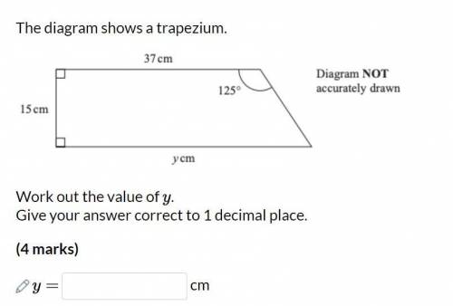 The diagram shows a trapezium

Work out the value of y .
Give your answer correct to 1 decimal pla