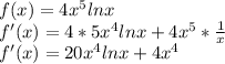 f(x)=4x^5 lnx\\f'(x)=4 *5 x^4 lnx+4x^5*\frac{1}{x} \\f'(x)=20 x^4 ln x+4x^4