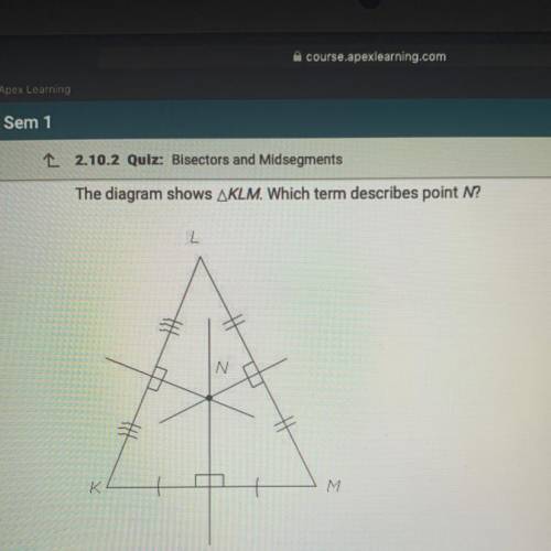 The diagram shows KLM. Which term describes point N?

A. Incenter
B. Orthocenter
C. Centroid
D. Ci