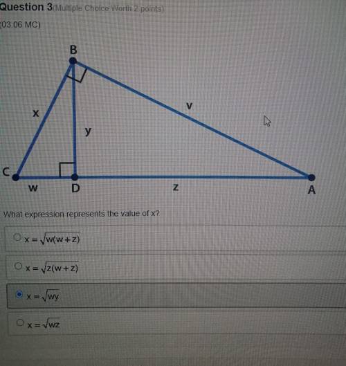 Question 3 (Multiple Choice Worth 2 points) (03.06 MC) What expression represents the value of x?