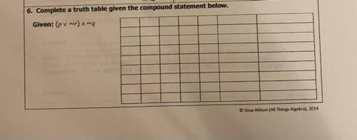 Complete a truth table given the compound statement below, given: (p v ~r) ʌ ~q