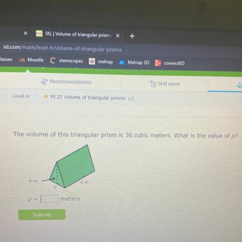 The volume of this triangular prism is 36 cubic meters. What is the value of p