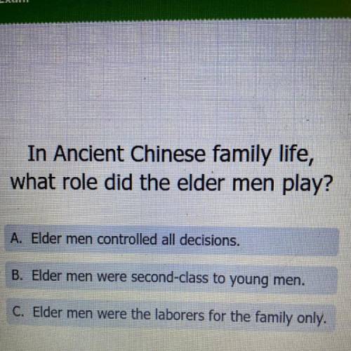 In Ancient Chinese family life,

what role did the elder men play?
A. Elder men controlled all dec