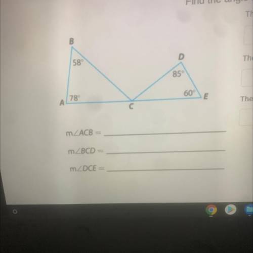 The measure of angle ACB
The measure of angle BCD
The measure of angle DCE