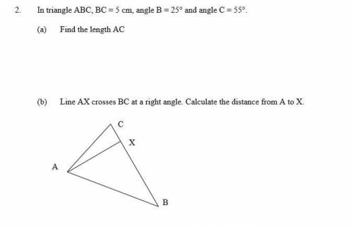 In triangle ABC,BC = 5cm,angle B = 25 degrees and angle C = 55 degrees.

a) Find the length AC
b)L