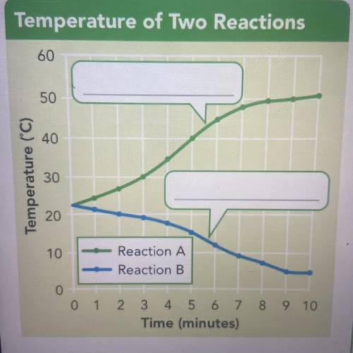 A student records the temperature of two reactions once per minute. Her data are plotted on the gra