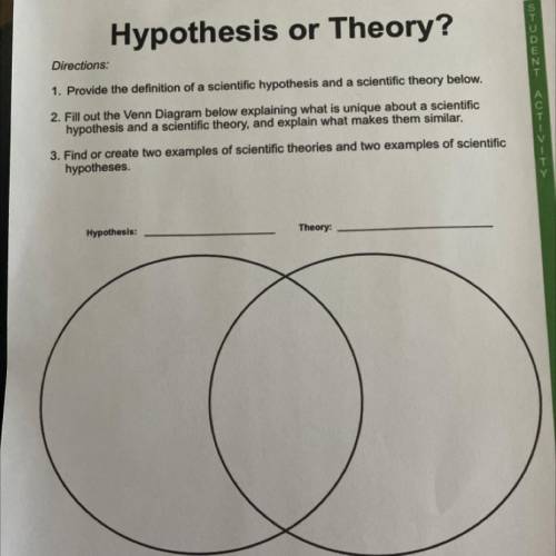 Hypothesis or Theory?

Directions:
1. Provide the definition of a scientific hypothesis and a scie