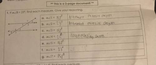 If m of 8 = 23 degrees, find each measure. Give your reasoning. (Just need the rest of the answers.