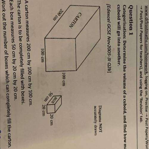 A carton measures 200 cm by 100 cm by 100 cm.

The carton is to be completely filled with boxes.
E