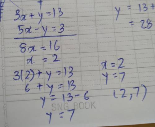 Solve using elimination.
1) 3x + y = 13
5x – y = 3