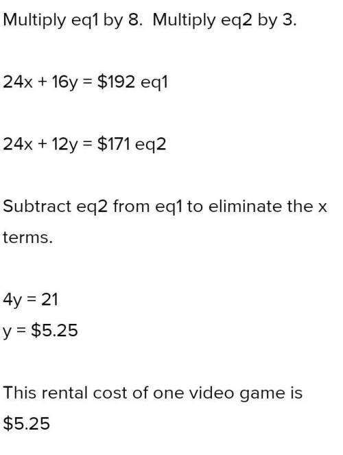 One month Dante rented 2 movies and 3 video games for a total of$22 . The next month he rented 4 mov