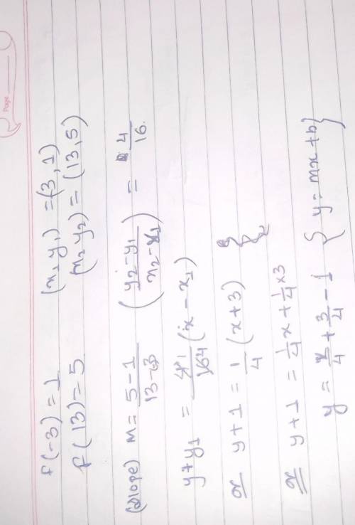 Write a linear function f with f(-3) = 1 and f(13)=5