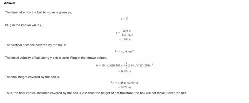 A tennis player strikes the tennis ball with an initial velocity of 44.7 m/s horizontally. The ball