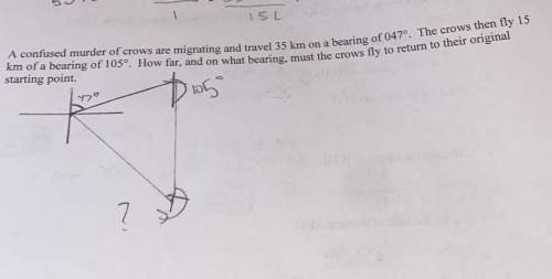 a confused murder of crows are migrating and travel 35 km on a bearing of 047°. Then then fly 15 km