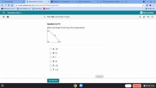 What is the length of each leg in the triangle shown below