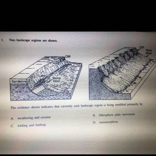 1.

Two landscape regions are shown.
Clin
Talus
slope
Clift
Sandstone
Slump
block
The evidence sho