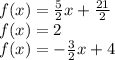 f(x) =  \frac{5}{2} x +  \frac{21}{2}  \\ f(x)  = 2 \\ f(x)  =  -  \frac{3}{2} x + 4