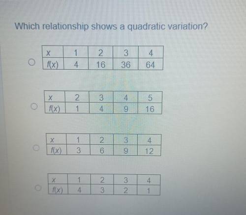HELPPPPPPPwhich relationship shows a quadratic variation?