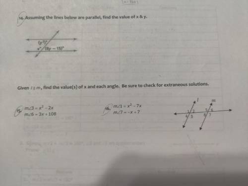 HELP PLEASE !! finding x & y values when given parallel lines and angle measures