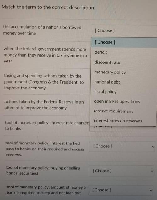 Match the term to the correct description.

the accumulation of a nation's borrowed money over tim