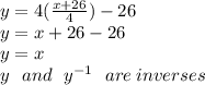 y = 4( \frac{x + 26}{4} ) - 26 \\ y = x + 26 - 26 \\ y = x \\ y \:  \:  \: and \:   \:  \: {y}^{ - 1}  \:  \:  \: are \: inverses
