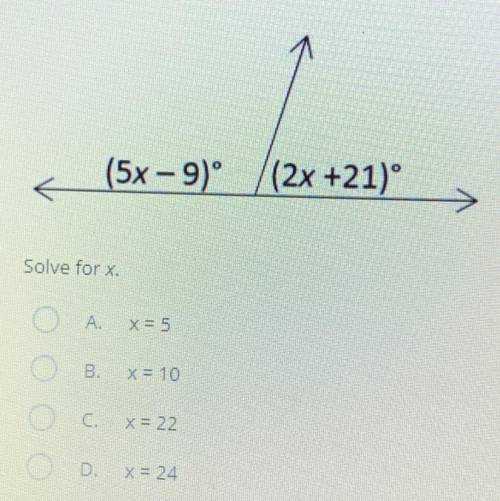 Solve for x.
(5x - 9)°
(2x + 21)°
A. 5
B. 10
C. 22
D. 24