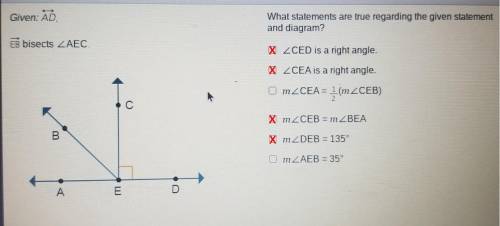 Given: AD, What statements are true regarding the given statement and diagram? EB bisects LAEC IZCED