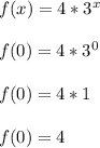 f(x) = 4*3^x\\\\f(0) = 4*3^0\\\\f(0) = 4*1\\\\f(0) = 4\\\\