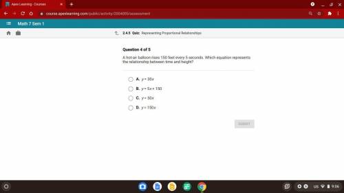A hot-air balloon rises 150 feet every 5 second. Which equation represents the relationship between