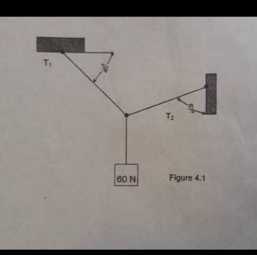 Find T1 and T2, if a 60 N load is hanged and in equilibrium position.