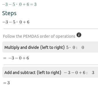 Evaluate the following algebraic expression at x=3, y=0 and simplify your answer.
−x−5y+6