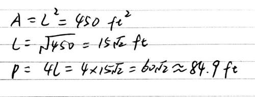 The area of a square is 450 square feet. Estimate the perimeter of the square to the nearst tenth.