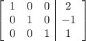 \left[\begin{array}{ccc|c}1&0&0&2\\0&1&0&-1\\0&0&1&1\end{array}\right]