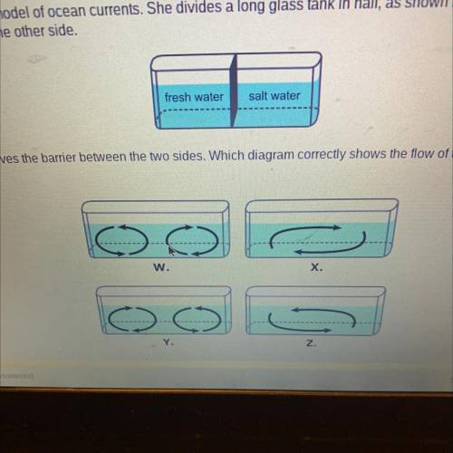 A student wants to make a model of ocean currents. She divides a long glass tank in half, as shown