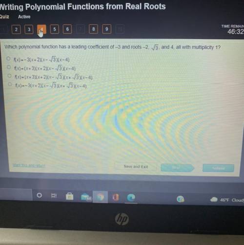 Which polynomial function has a leading coefficient of -3 and roots -2, square root of 3, and 4, al