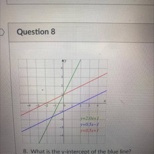 What is the y intercept of the blue line and what is the slope of the red line