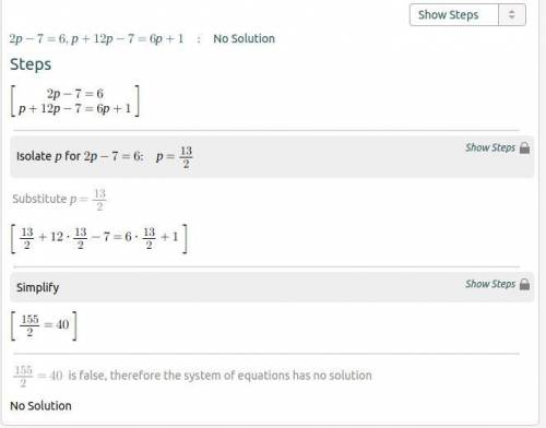 Solve this equation: 
2p-7=6p+12p−7=6p+1