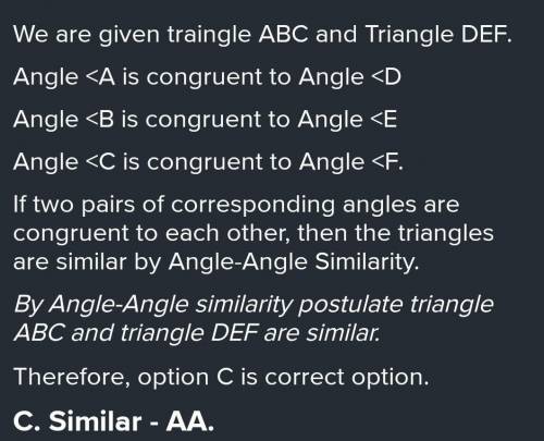 Is ABC ADEF? If so, identify the similarity postulate or theorem that

applies
15
A. Similar - AA