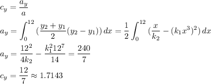 \displaystyle c_y=\frac{a_y}{a}\\\\a_y=\int_0^{12}{(\frac{y_2+y_1}{2}(y_2-y_1))}\,dx=\frac{1}{2}\int_0^{12}{(\frac{x}{k_2}-(k_1x^3)^2)}\,dx\\\\a_y=\frac{12^2}{4k_2}-\frac{k_1^212^7}{14}=\frac{240}{7}\\\\c_y=\frac{12}{7}\approx1.7143